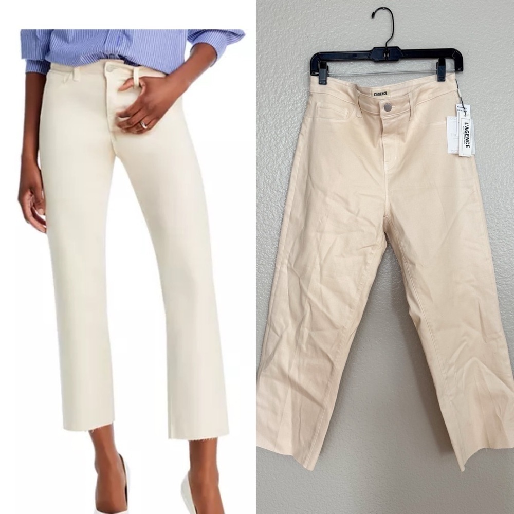 L'Agence Wanda Coated High Rise Crop Wide Leg Jeans in French Vanilla